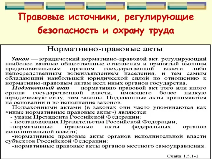 Правовые источники, регулирующие безопасность и охрану труда Правовые источники безопасности и охраны труда