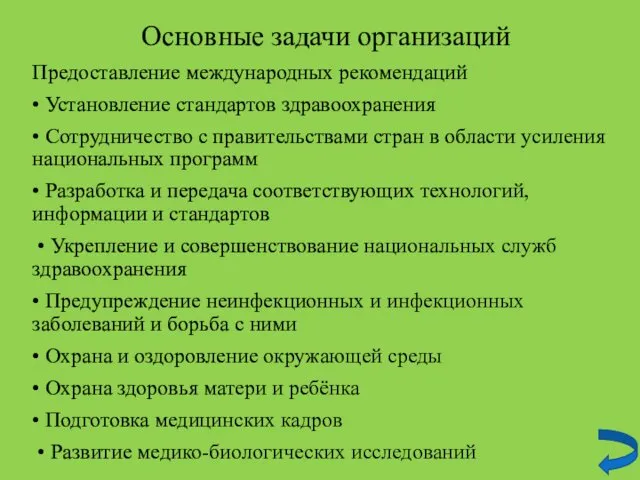 Основные задачи организаций Предоставление международных рекомендаций • Установление стандартов здравоохранения