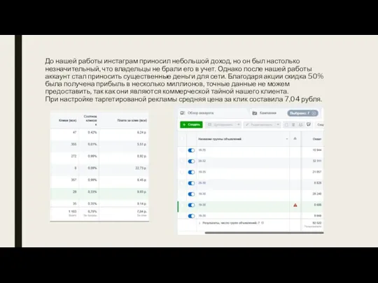 До нашей работы инстаграм приносил небольшой доход, но он был настолько незначительный, что