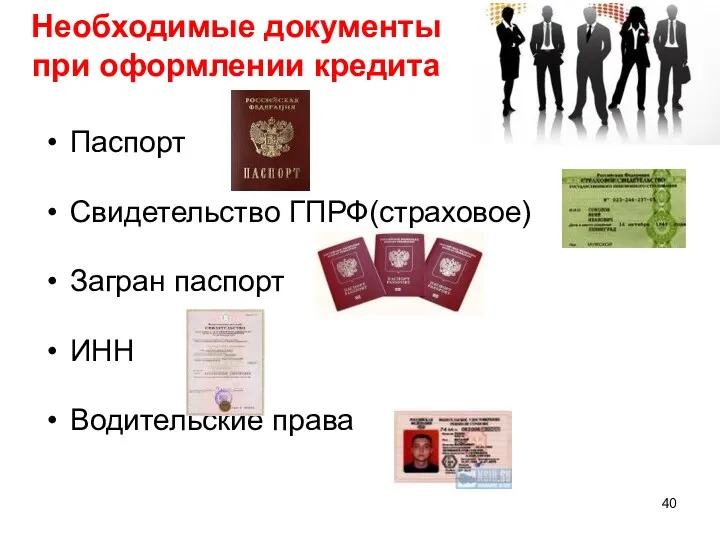 Паспорт Свидетельство ГПРФ(страховое) Загран паспорт ИНН Водительские права Необходимые документы при оформлении кредита