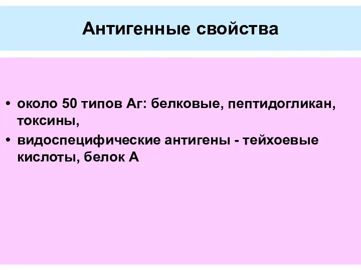 Антигенные свойства около 50 типов Аг: белковые, пептидогликан, токсины, видоспецифические антигены - тейхоевые кислоты, белок А