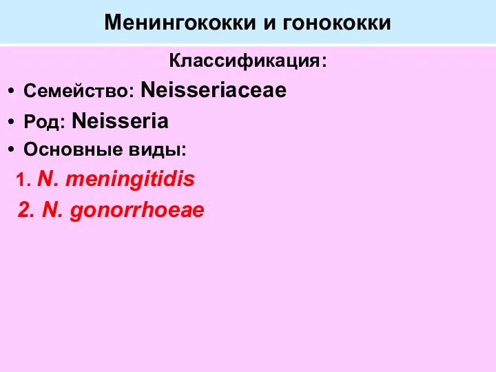 Менингококки и гонококки Классификация: Семейство: Neisseriaceae Род: Neisseria Основные виды: 1. N. meningitidis 2. N. gonorrhoeae