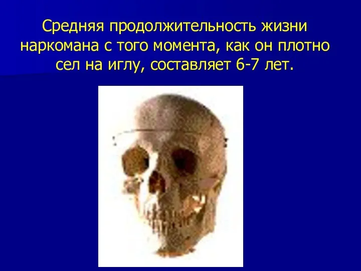 Средняя продолжительность жизни наркомана с того момента, как он плотно сел на иглу, составляет 6-7 лет.