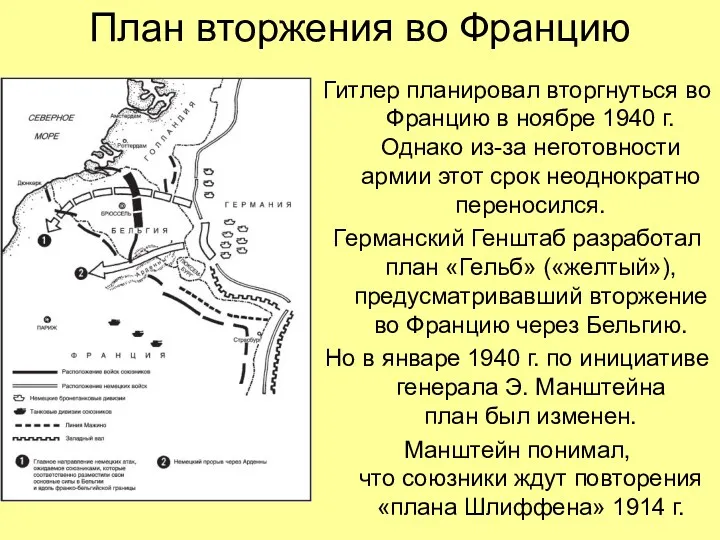 План вторжения во Францию Гитлер планировал вторгнуться во Францию в ноябре 1940 г.