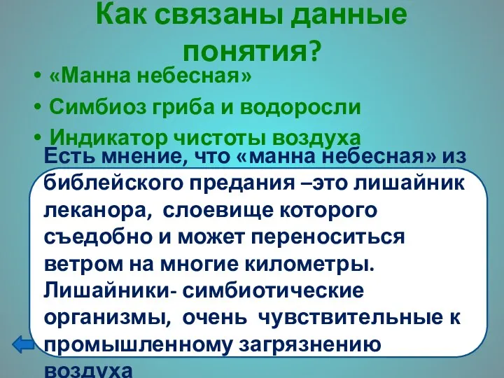 Как связаны данные понятия? «Манна небесная» Симбиоз гриба и водоросли