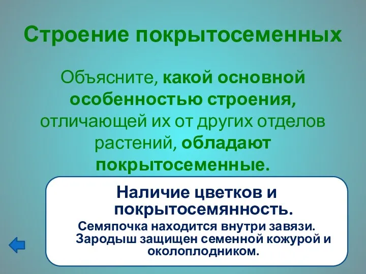 Строение покрытосеменных Объясните, какой основной особенностью строения, отличающей их от