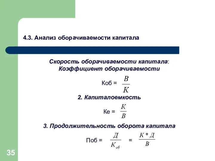 Скорость оборачиваемости капитала: Коэффициент оборачиваемости Коб = 2. Капиталоемкость Ке