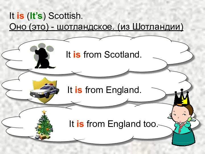 It is (It’s) Scottish. Оно (это) - шотландское. (из Шотландии)