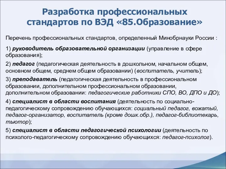 Разработка профессиональных стандартов по ВЭД «85.Образование» Перечень профессиональных стандартов, определенный