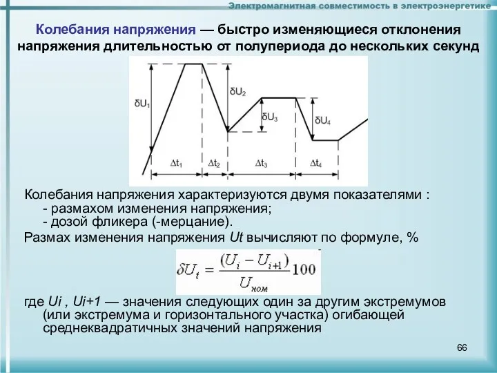 Колебания напряжения характеризуются двумя показателями : - размахом изменения напряжения;