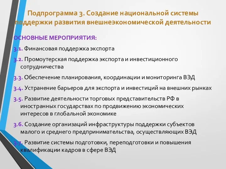 Подпрограмма 3. Создание национальной системы поддержки развития внешнеэкономической деятельности ОСНОВНЫЕ