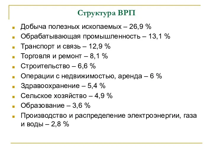 Структура ВРП Добыча полезных ископаемых – 26,9 % Обрабатывающая промышленность – 13,1 %