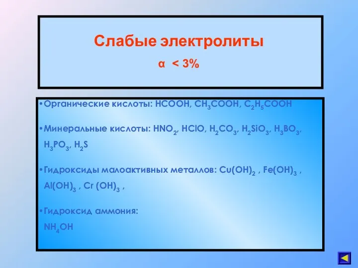 Слабые электролиты α Органические кислоты: HCOOH, CH3COOH, C2H5COOH Минеральные кислоты: HNO2, HClO, H2CO3,