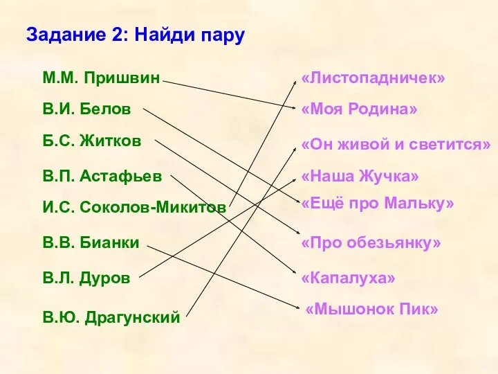 М.М. Пришвин Задание 2: Найди пару В.И. Белов Б.С. Житков