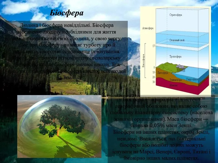 Людина і біосфера невіддільні. Біосфера забезпечує людину необхідними для життя