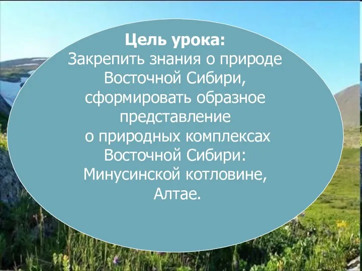 Цель урока: Закрепить знания о природе Восточной Сибири, сформировать образное