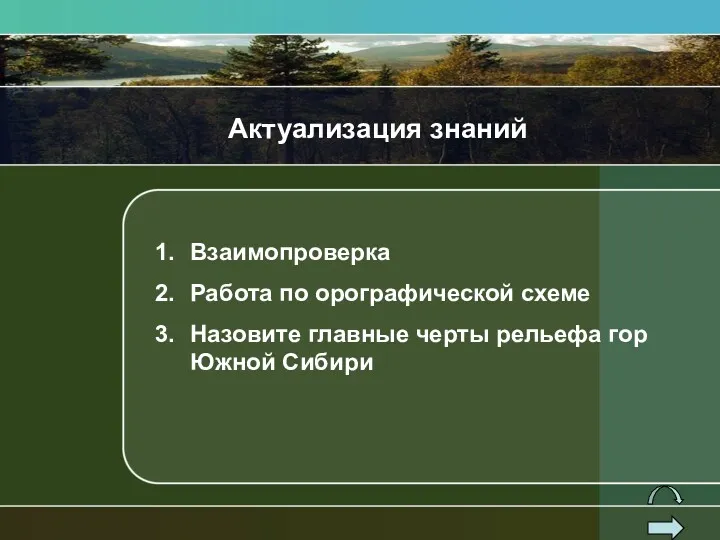 Актуализация знаний Взаимопроверка Работа по орографической схеме Назовите главные черты рельефа гор Южной Сибири