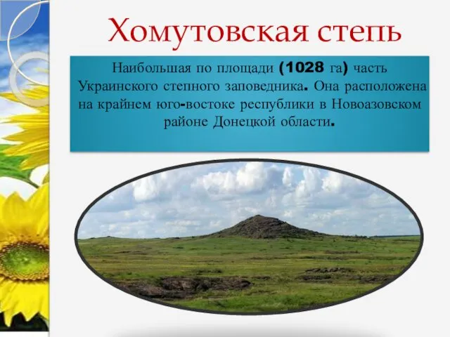 Хомутовская степь Наибольшая по площади (1028 га) часть Украинского степного