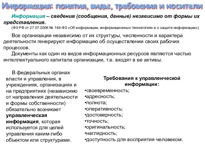 Информация – сведения (сообщения, данные) независимо от формы их представления.