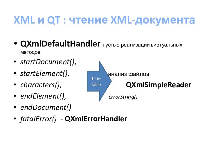 XML и QT : чтение XML-документа QXmlDefaultHandler пустые реализации виртуальных методов startDocument(), startElement(),