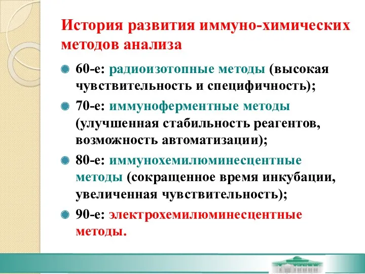 История развития иммуно-химических методов анализа 60-е: радиоизотопные методы (высокая чувствительность