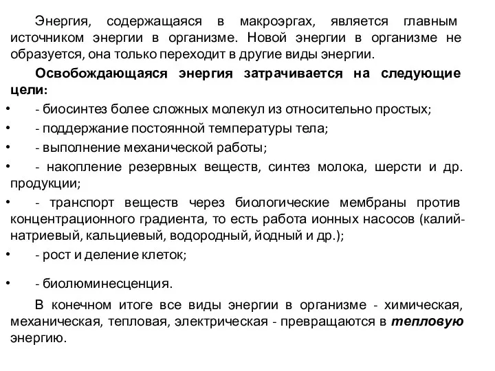 Энергия, содержащаяся в макроэргах, является главным источником энергии в организме.