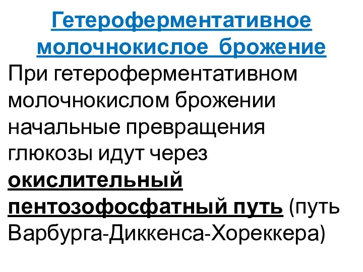 Гетероферментативное молочнокислое брожение При гетероферментативном молочнокислом брожении начальные превращения глюкозы