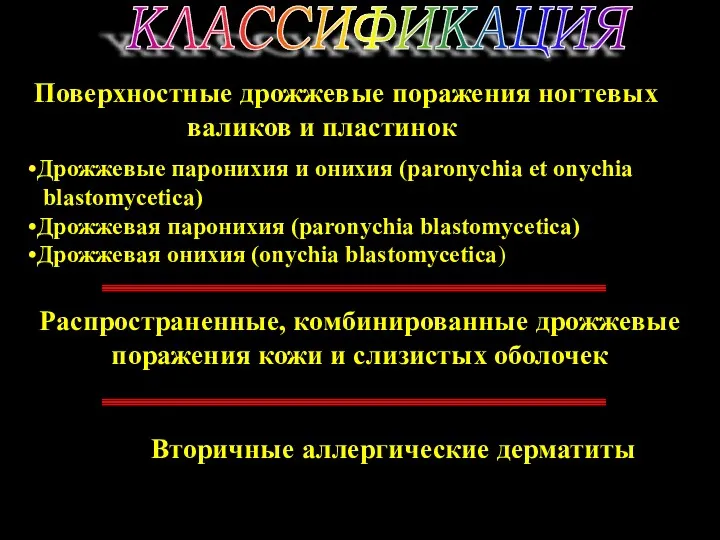 КЛАССИФИКАЦИЯ Поверхностные дрожжевые поражения ногтевых валиков и пластинок Дрожжевые паронихия