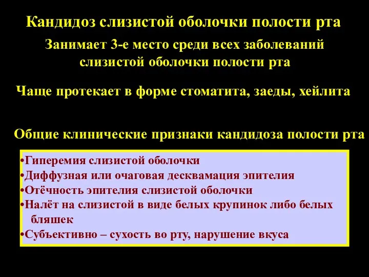 Кандидоз слизистой оболочки полости рта Занимает 3-е место среди всех