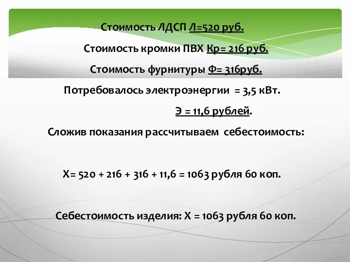 Стоимость ЛДСП Л=520 руб. Стоимость кромки ПВХ Кр= 216 руб.