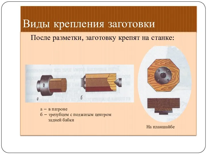 Виды крепления заготовки После разметки, заготовку крепят на станке: а – в патроне