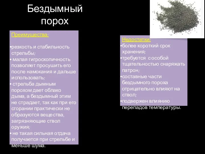 Бездымный порох Преимущества: резкость и стабильность стрельбы; малая гигроскопичность позволяет