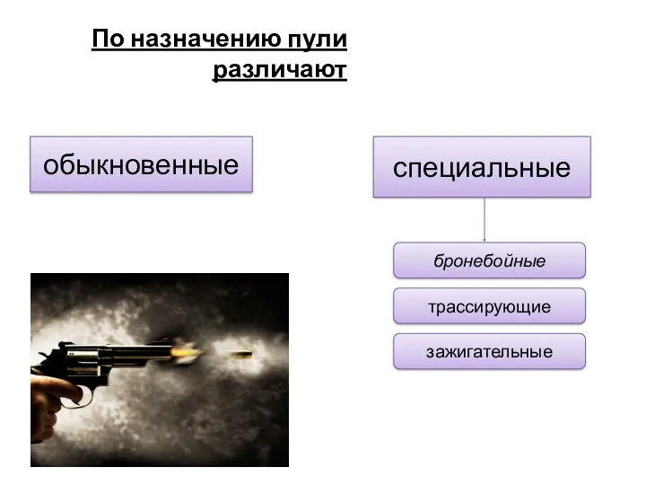 По назначению пули различают обыкновенные специальные бронебойные трассирующие зажигательные