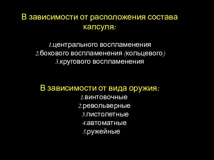 В зависимости от расположения состава капсуля: 1.центрального воспламенения 2.бокового воспламенения