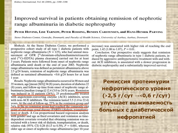 Ремиссия протеинурии нефротического уровня (›2,5 г/сут →‹0,6 г/сут) улучшает выживаемость больных с диабетической нефропатией