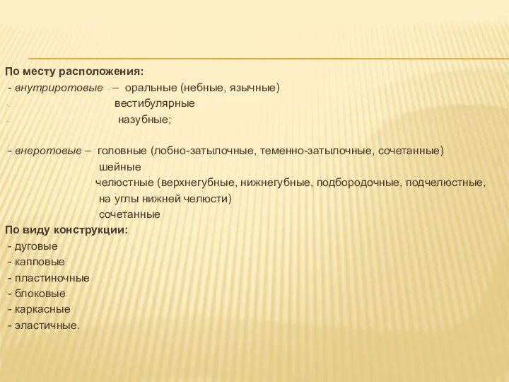 По месту расположения: - внутриротовые – оральные (небные, язычные) вестибулярные