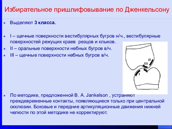 Избирательное пришлифовывание по Дженкельсону Выделяют 3 класса. Ι – щечные