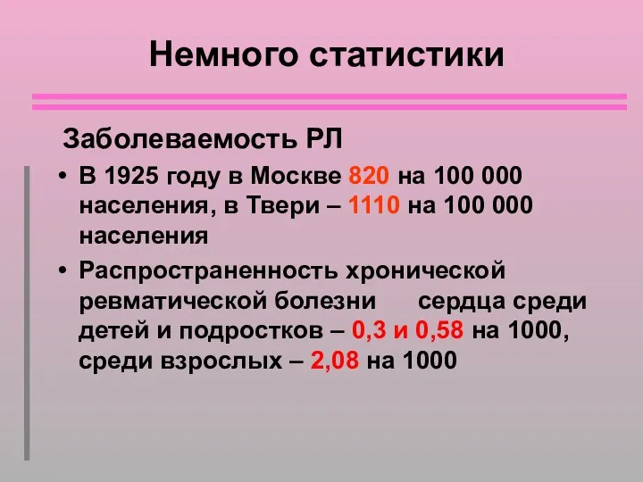 Немного статистики Заболеваемость РЛ В 1925 году в Москве 820