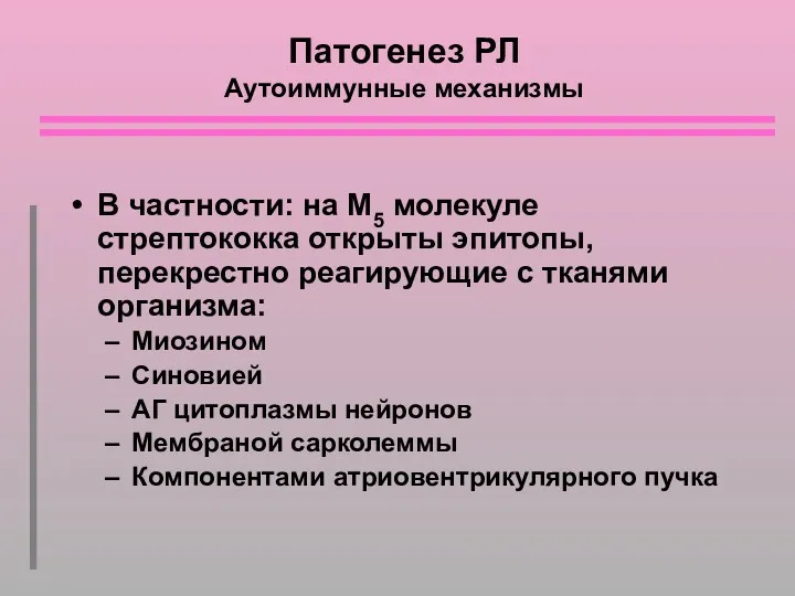 Патогенез РЛ Аутоиммунные механизмы В частности: на М5 молекуле стрептококка