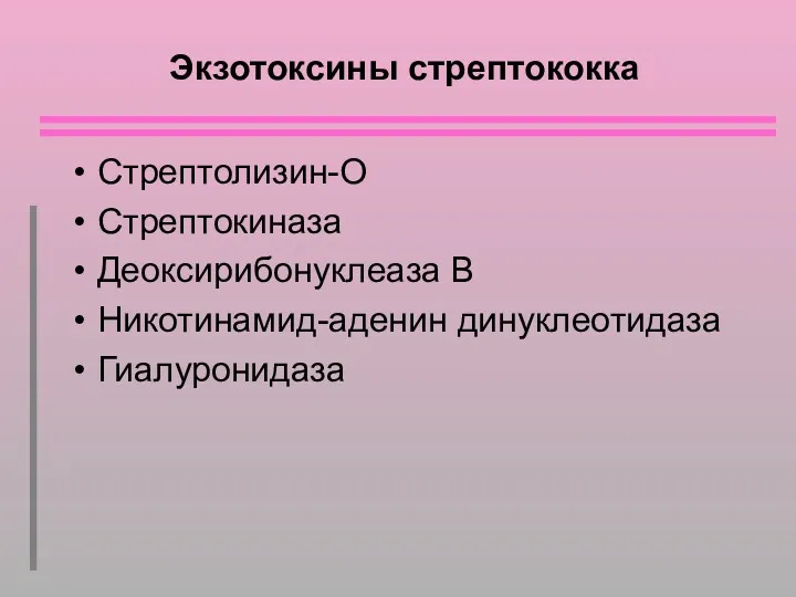 Экзотоксины стрептококка Стрептолизин-О Стрептокиназа Деоксирибонуклеаза В Никотинамид-аденин динуклеотидаза Гиалуронидаза