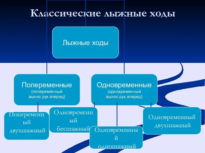 Классические лыжные ходы Попеременный двухшажный Одновременный бесшажный Одновременный одношажный Одновременный двухшажный