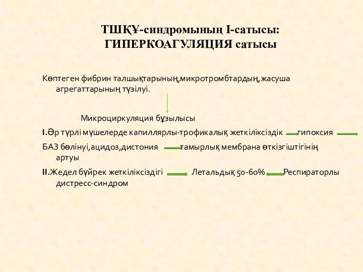 ТШҚҰ-синдромының I-сатысы: ГИПЕРКОАГУЛЯЦИЯ сатысы Көптеген фибрин талшықтарының,микротромбтардың,жасуша агрегаттарының түзілуі. Микроциркуляция