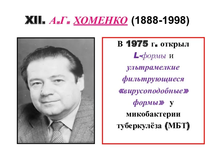 XII. А.Г. ХОМЕНКО (1888-1998) В 1975 г. открыл L-формы и