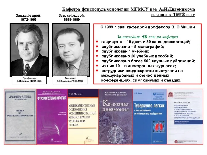 Кафедра фтизиопульмонологии МГМСУ им. А.И.Евдокимома создана в 1972 году Профессор