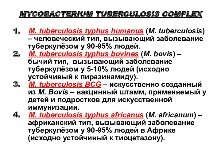 MYCOBACTERIUM TUBERCULOSIS COMPLEX 1. M. tuberculosis typhus humanus (M. tuberculosis)