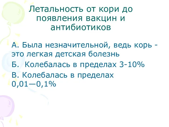 Летальность от кори до появления вакцин и антибиотиков А. Была