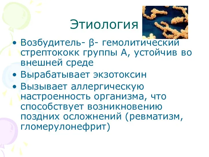 Этиология Возбудитель- β- гемолитический стрептококк группы А, устойчив во внешней