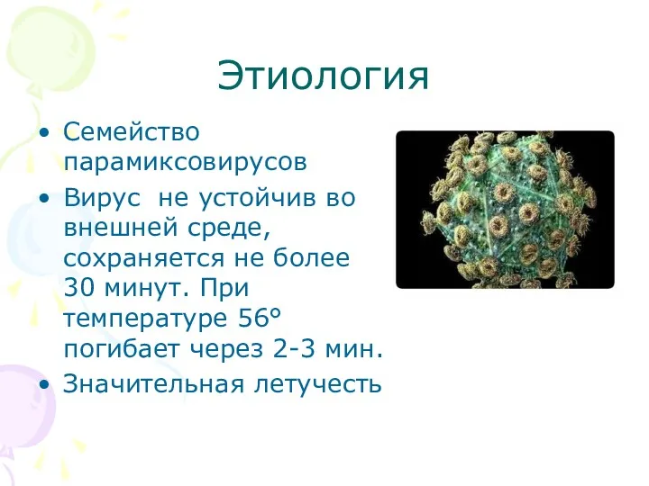 Этиология Семейство парамиксовирусов Вирус не устойчив во внешней среде, сохраняется