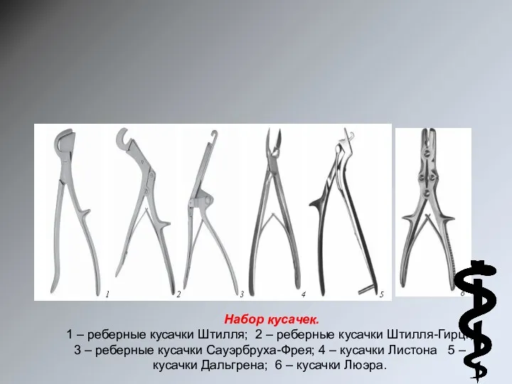 Набор кусачек. 1 – реберные кусачки Штилля; 2 – реберные