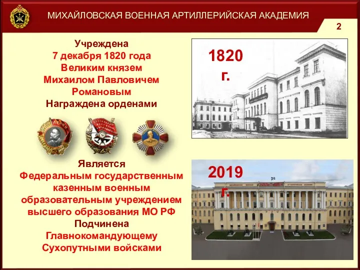 МИХАЙЛОВСКАЯ ВОЕННАЯ АРТИЛЛЕРИЙСКАЯ АКАДЕМИЯ Учреждена 7 декабря 1820 года Великим